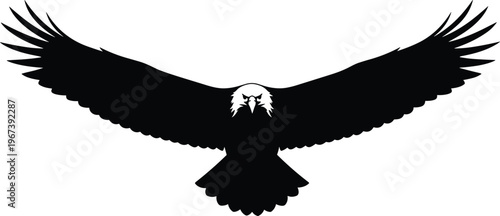 Flying eagle silhouette with wide wingspan, powerful bird of prey symbol, freedom concept, black vector illustration isolated on white background, wildlife design element