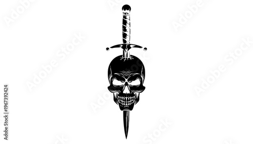 A black skull icon with a dagger through it on a white background