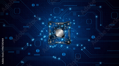 Microchip processor technology with circuit board for data processing. Concept of microchip or computer CPU.