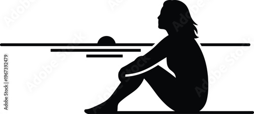 Lonely woman sitting silhouette at sunset, depression and mental health concept, sadness, solitude, emotional stress, peaceful horizon scene isolated on white background