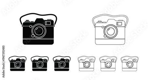 Black and white line art illustrations of vintage cameras with straps