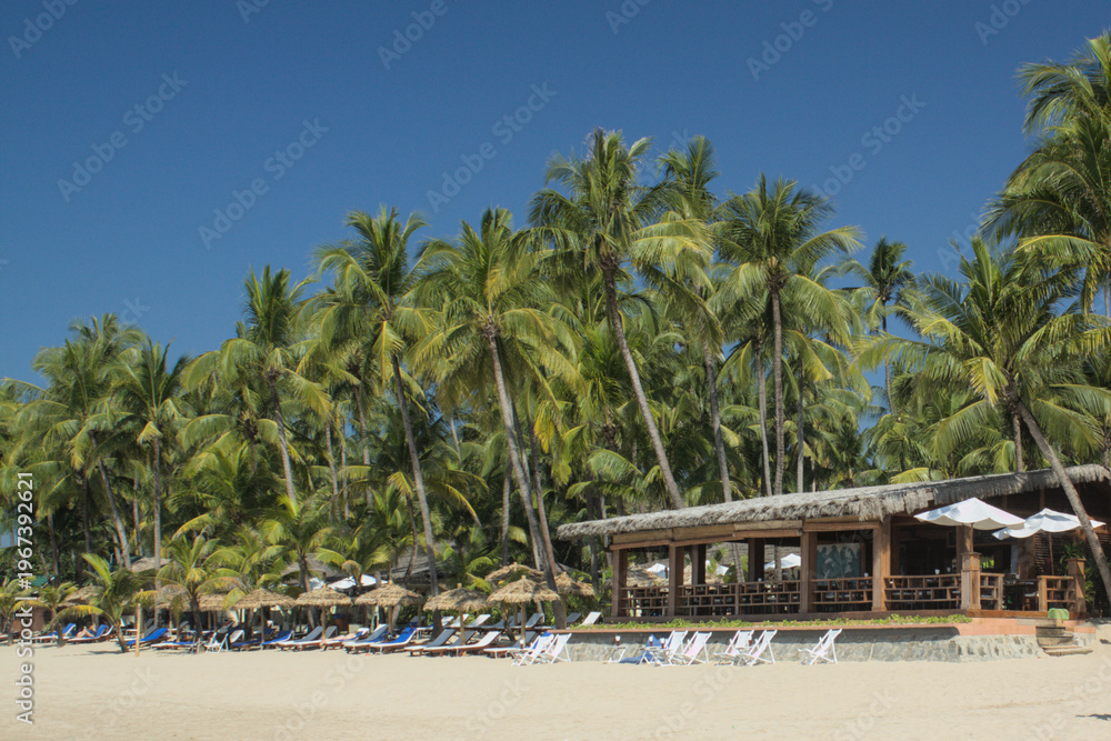 Fototapeta premium Tropical beach resort with palm trees and sandy beach in Ngapali Myanmar, Southeast Asia