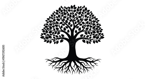 Stylized black tree with dense foliage and visible root system