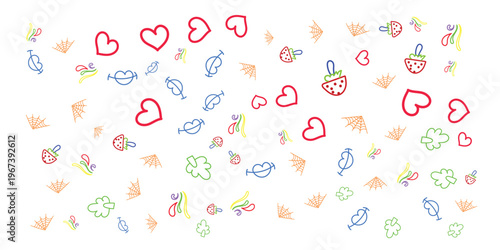 Seamless cute doodle pattern with hearts, strawberries and abstract elements, colorful hand drawn background for kids, textile, wrapping paper and playful design