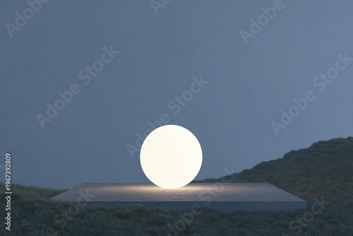 A large white egg sitting atop a grasscovered field illuminated by a light source. in the background a hill can be seen and the sky is visible above.