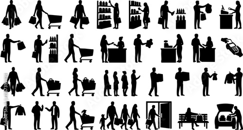 Shopping and retail silhouettes set, supermarket customer checkout payment vector icons collection