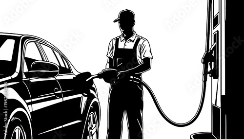 A car mechanic refueling a vehicle at a gas station with a pump