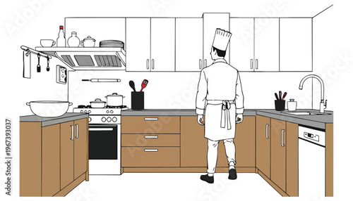 A chef standing in a modern kitchen with wooden cabinets and appliances