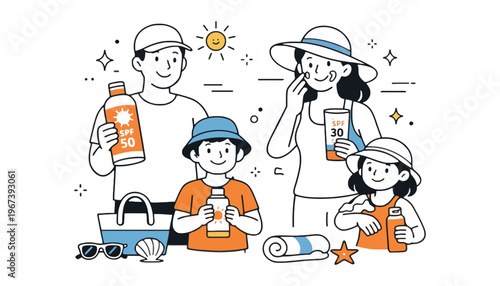 A family of four applying sunscreen on a sunny day outdoors