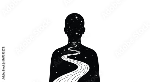 Silhouette of a person with a starry night and winding road inside