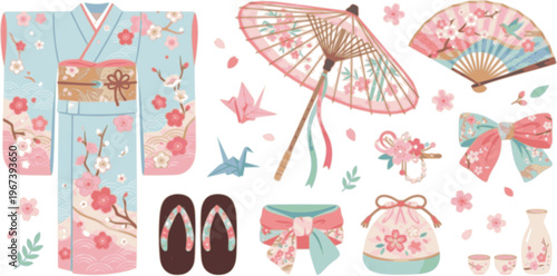 Elegant Japanese Kimono and Spring Themed Cultural Fashion Accessories
