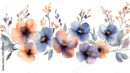 Watercolor illustration displays an arrangement of delicate blossoms in soft hues across a bright background