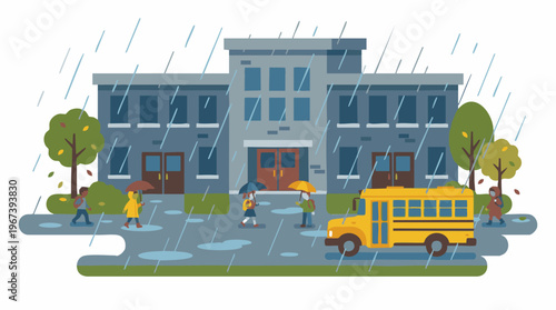 Rainy day at school with children and a yellow school bus illustration