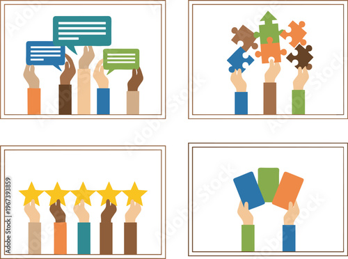 Colorful vector illustration of raised hands with icons symbolizing communication, teamwork, feedback, and participation