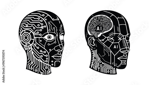 Artificial intelligence head icons with circuit board and brain illustrations