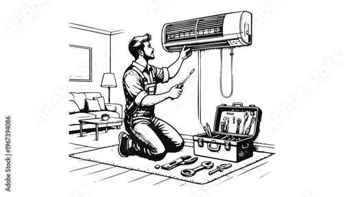 Air conditioner technician repairing an air conditioning unit in a living room