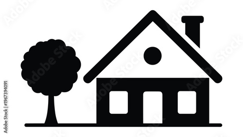 Residential house silhouette icon with garden tree and brick chimney.