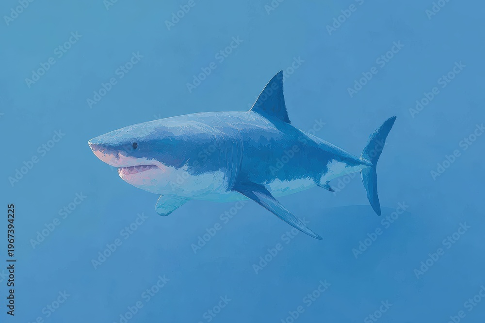 Obraz premium The is a of a great white shark swimming in the ocean. the shark is in the center of the with its body facing towards the right side of the frame.