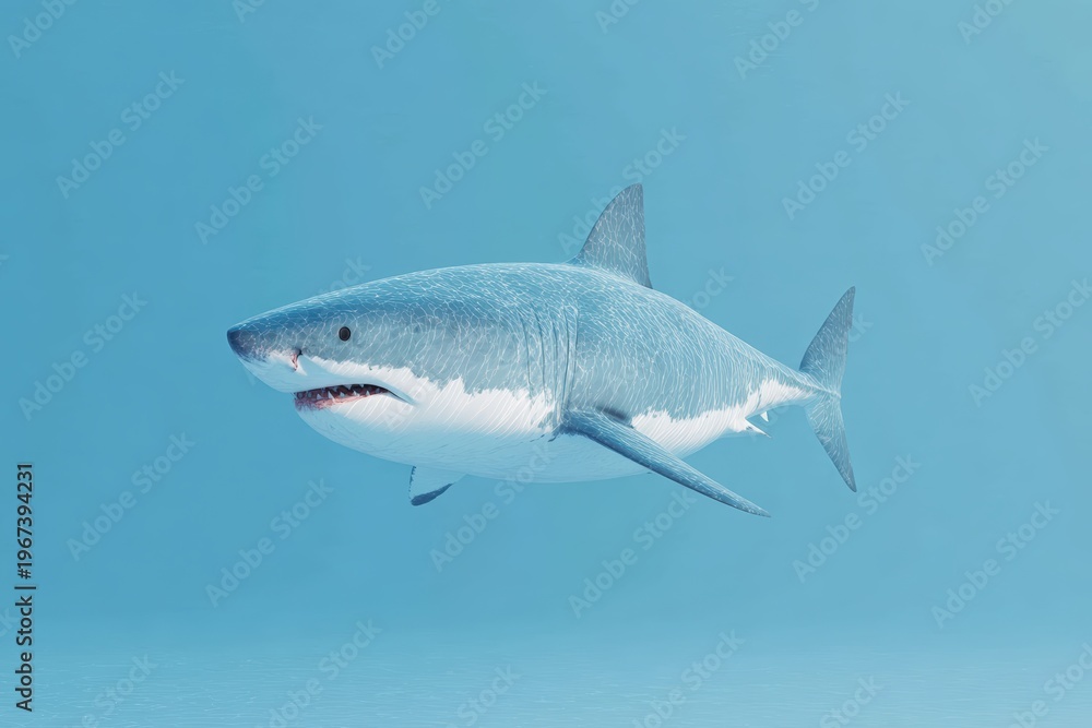 Fototapeta premium The is a of a great white shark swimming in the ocean. the shark is in the center of the with its body facing towards the right side of the frame composition.