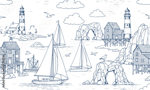 Seamless marine pattern featuring vintage lighthouses sailing boats coastal cottages and rocky ocean shores in a blue ink sketch style hand drawn vector art illustration