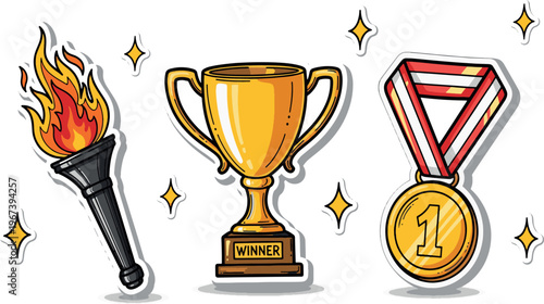 Gold trophy cup with first place winner medal and flaming sports torch for victory achievement and competition success celebration hand drawn vector art illustration