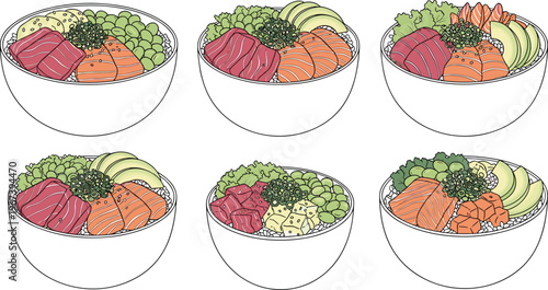 Poke Bowl Icon Set Featuring Assorted Fish, Vegetables, and Toppings for Healthy Eating, Japanese Cuisine, and Food Illustrations
