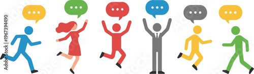 Colorful vector illustration of diverse figures with speech bubbles symbolizing communication, teamwork, and social interaction