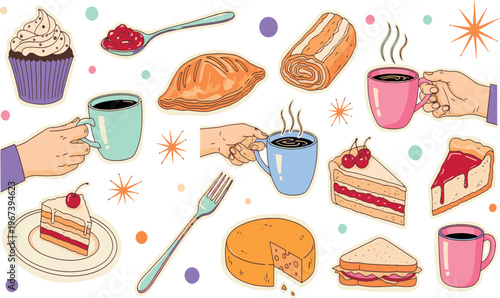 Sweet bakery snacks and hot coffee mugs with dessert cakes and pastry elements in a hand drawn vector illustration