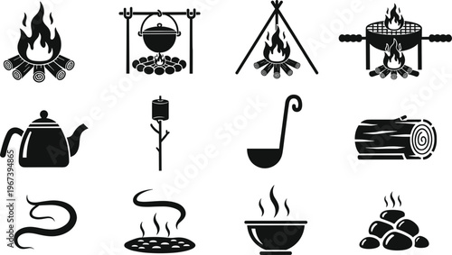 Campfire and Cooking Icons Set Featuring Flames, Grill, Kettle, Logs, Soup, and Outdoor Cooking Tools for Camping and Outdoor Cooking