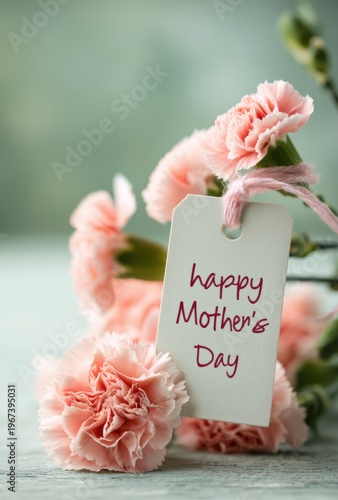 Happy mother's day message on tag tied with pink ribbon to carnation flowers