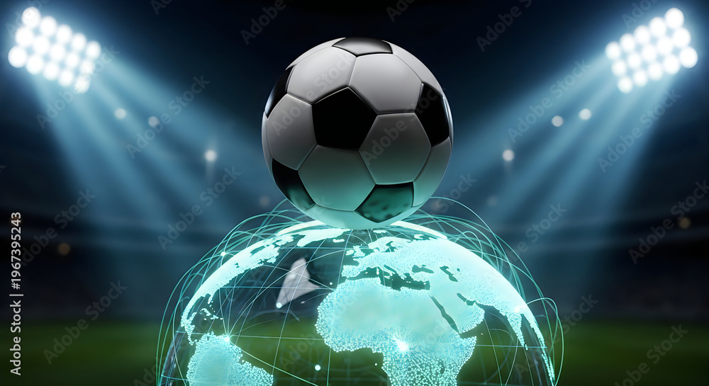 Naklejka premium 3D soccer ball merging with glowing earth under stadium lights for global sports concept