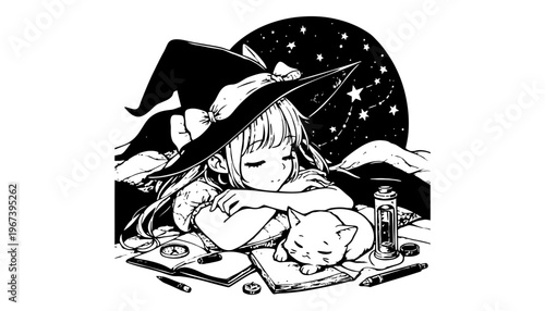 A witch girl sleeping with her cat and magical tools nearby