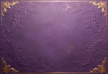 Purple and gold vintage background with floral embossing. Ornate royal frame for Purim invitation or greeting card. Luxury textured backdrop with copy space