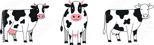 Set of Cartoon Black and White Cows with Different Poses for Farm, Animal, and Livestock Illustrations