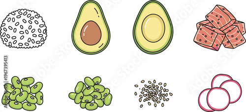 Healthy Food Ingredient Icon Set Featuring Avocado, Edamame, Watermelon, and Onion for Vegan, Plant-Based, and Healthy Eating Designs