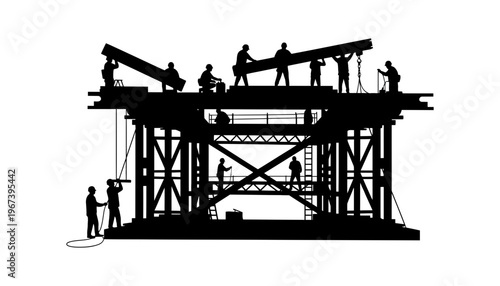 Construction workers building a large structure in silhouette style