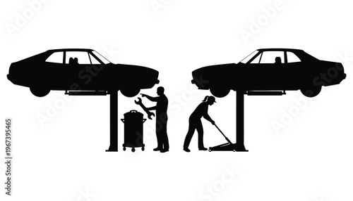 Car silhouette illustration with mechanics working underneath on a lift