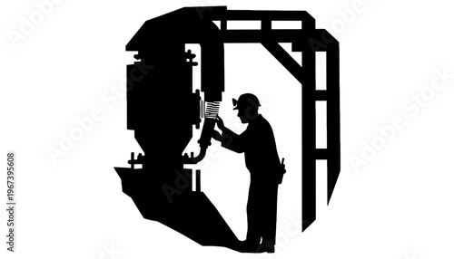 Worker silhouette operating heavy machinery in an industrial setting
