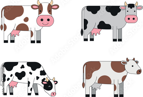 Set of Cute Cartoon Cows with Different Patterns and Poses for Farm, Animal, and Children’s Illustrations