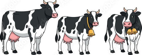 Set of Cartoon Black and White Cows with Bells for Farm, Animal, and Children’s Illustrations