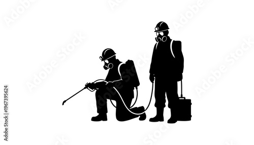 Pest control workers in hazmat suits with sprayers and equipment