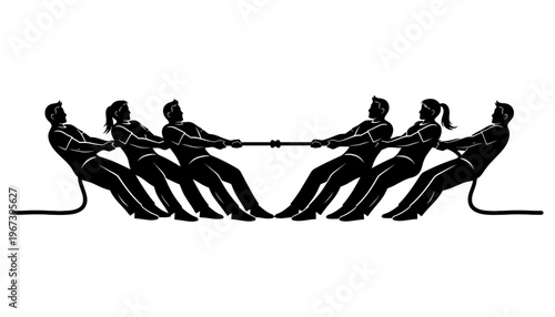 A black silhouette illustration of people playing tug of war with a rope