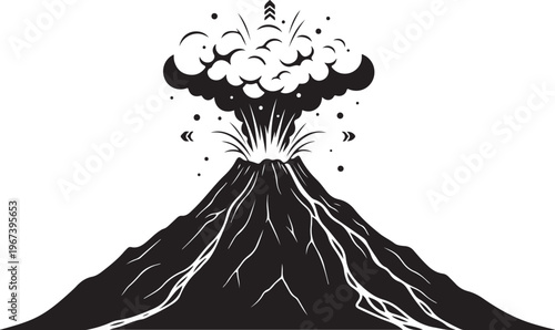 Black and white of erupting volcano eruption explosion