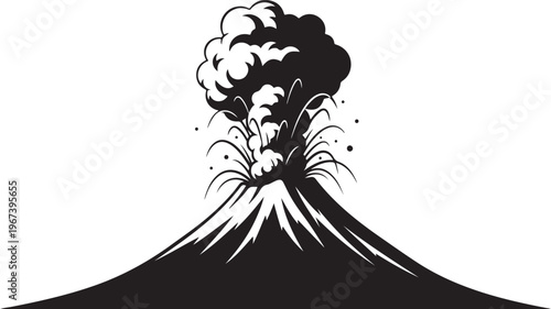 Black and white of erupting volcano eruption explosion