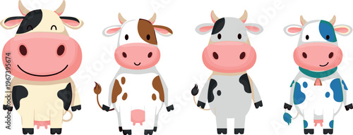 Set of Cute Cartoon Cows with Different Patterns and Accessories for Children’s Designs, Farm Themes, and Animal Illustrations