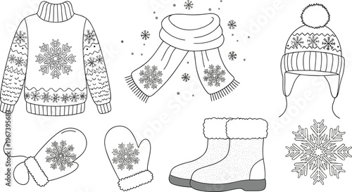 Winter Clothing and Accessories Icon Set Featuring Sweater, Scarf, Mittens, Boots, and Hat with Snowflake Design for Cold Weather Fashion