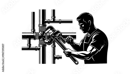 A plumber silhouette working with pipes and a large wrench