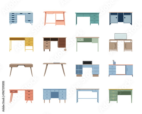 Collection of various colorful office desks with drawers and cabinets  modern furniture designs