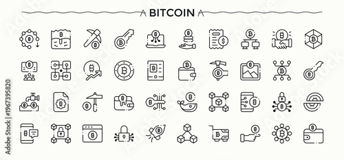 Bitcoin icon set. Minimalist vector collections. Related to investment, trade, mining, banking, economy. Editable vector. Mining icon pack.