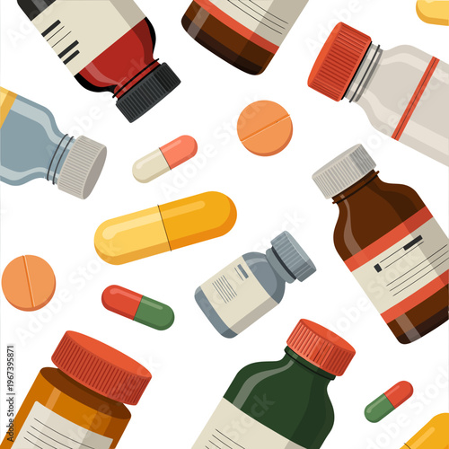 Colorful illustration of various medicine bottles and pills on white background